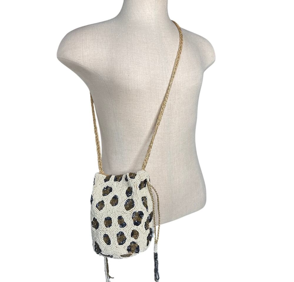 Vintage Guadalupe Designs beaded animal print bucket bag cream, black and brown
